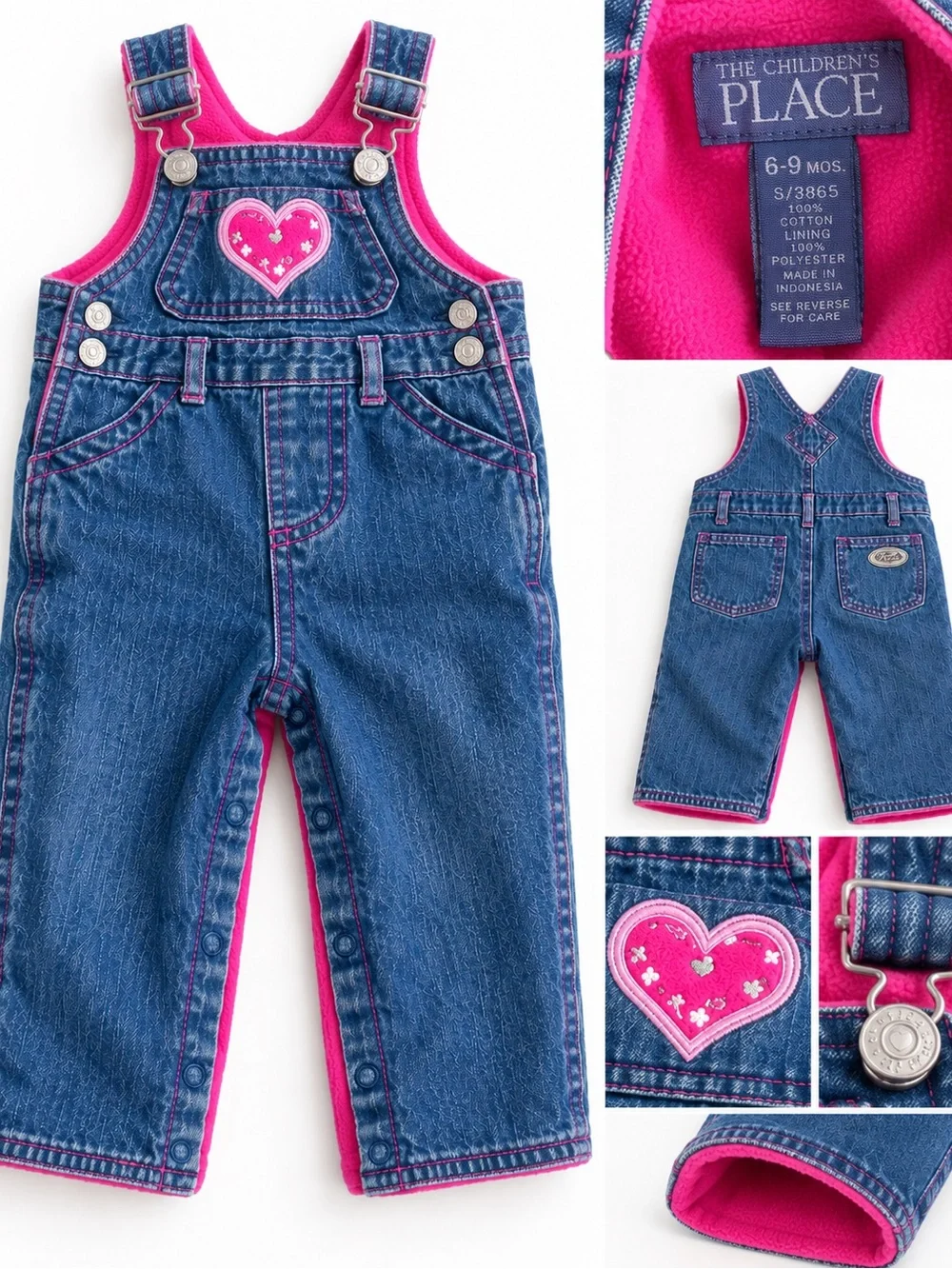 The Children's Place Denim Overalls with Hot Pink Trim and Heart Patch